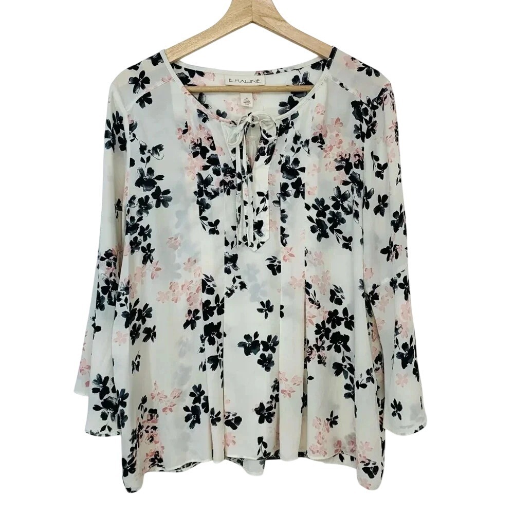 Emaline Floral Flare Sleeve Peasant Top Woman M Cream Boho Cottagecore Travel